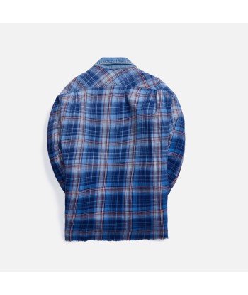 Greg Lauren Agoura Trucker Front Boxy Studio Shirt - Blue Plaid Economisez 