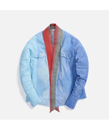 Greg Lauren Mixed Chambray Dhurrie Stripe GL1 - Light Blue à prix réduit toute l'année