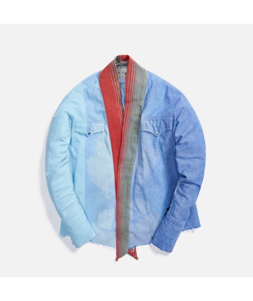 Greg Lauren Mixed Chambray Dhurrie Stripe GL1 - Light Blue à prix réduit toute l'année