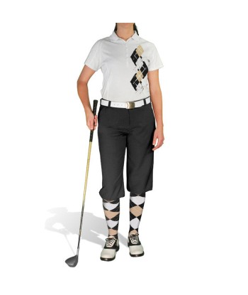 Golf Knickers: Ladies Argyle Paradise Golf Shirt - Black/Khaki/White Pour