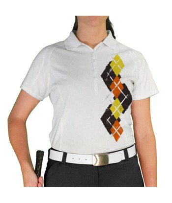 Golf Knickers: Ladies Argyle Paradise Golf Shirt - Black/Orange/Yellow Venez découvrir notre 