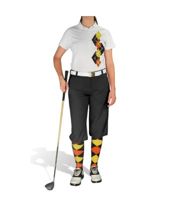 Golf Knickers: Ladies Argyle Paradise Golf Shirt - Black/Orange/Yellow Venez découvrir notre 