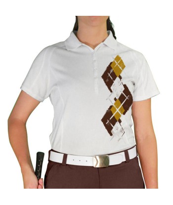 Golf Knickers: Ladies Argyle Paradise Golf Shirt - Brown/Gold/White de technologie