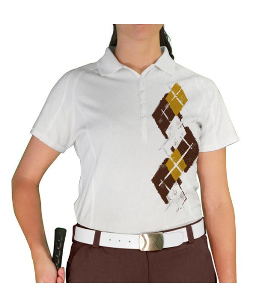 Golf Knickers: Ladies Argyle Paradise Golf Shirt - Brown/Gold/White de technologie