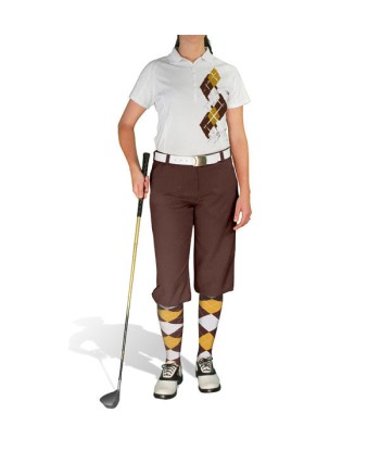 Golf Knickers: Ladies Argyle Paradise Golf Shirt - Brown/Gold/White de technologie